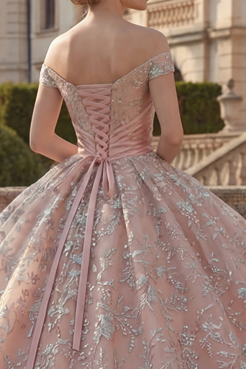 Laden Sie das Bild in den Galerie-Viewer, Off-the-shoulder Ballkleid Blush Rüschen Abschlusskleid