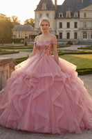 Laden Sie das Bild in den Galerie-Viewer, Rosa Schulterfreies Ballkleid mit Rüschen Pailletten Abschlusskleid