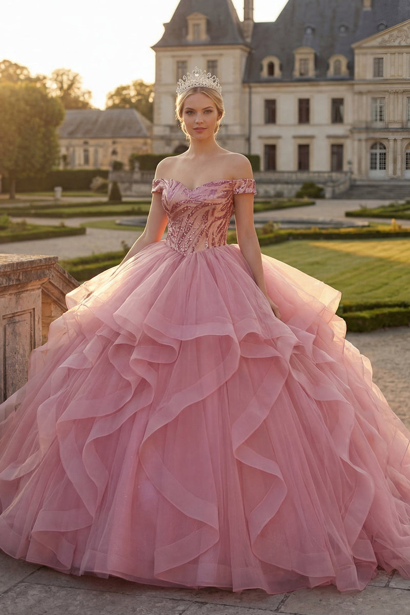 Laden Sie das Bild in den Galerie-Viewer, Rosa Schulterfreies Ballkleid mit Rüschen Pailletten Abschlusskleid
