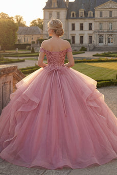 Rosa Schulterfreies Ballkleid mit Rüschen Pailletten Abschlusskleid