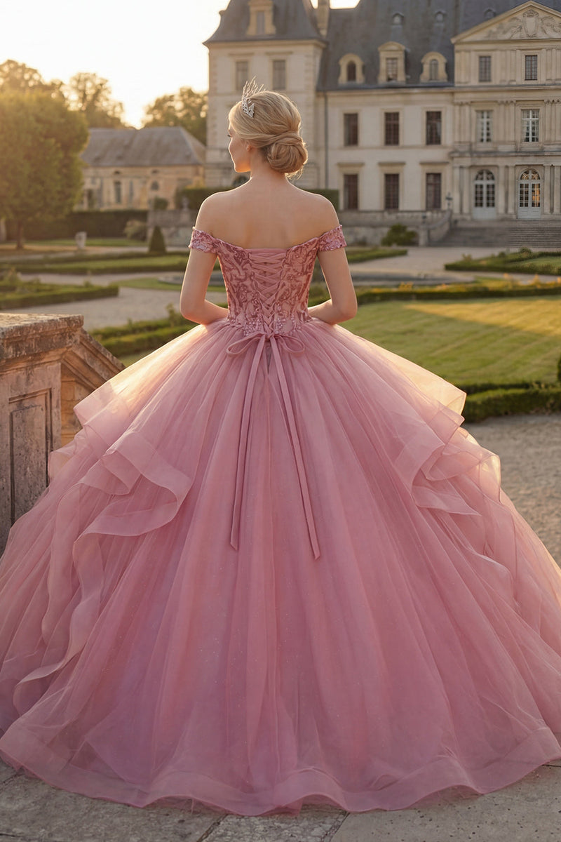 Laden Sie das Bild in den Galerie-Viewer, Rosa Schulterfreies Ballkleid mit Rüschen Pailletten Abschlusskleid