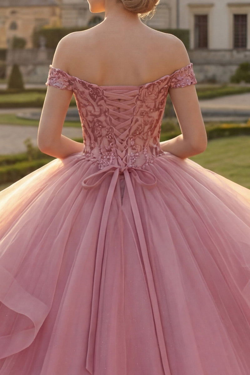 Laden Sie das Bild in den Galerie-Viewer, Rosa Schulterfreies Ballkleid mit Rüschen Pailletten Abschlusskleid