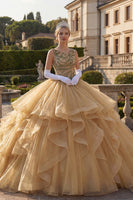 Laden Sie das Bild in den Galerie-Viewer, Ballkleid Senfgelb Rundhals Pailletten Rüschen Abschlusskleid