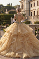 Laden Sie das Bild in den Galerie-Viewer, Ballkleid Senfgelb Rundhals Pailletten Rüschen Abschlusskleid