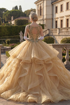 Ballkleid Senfgelb Rundhals Pailletten Rüschen Abschlusskleid