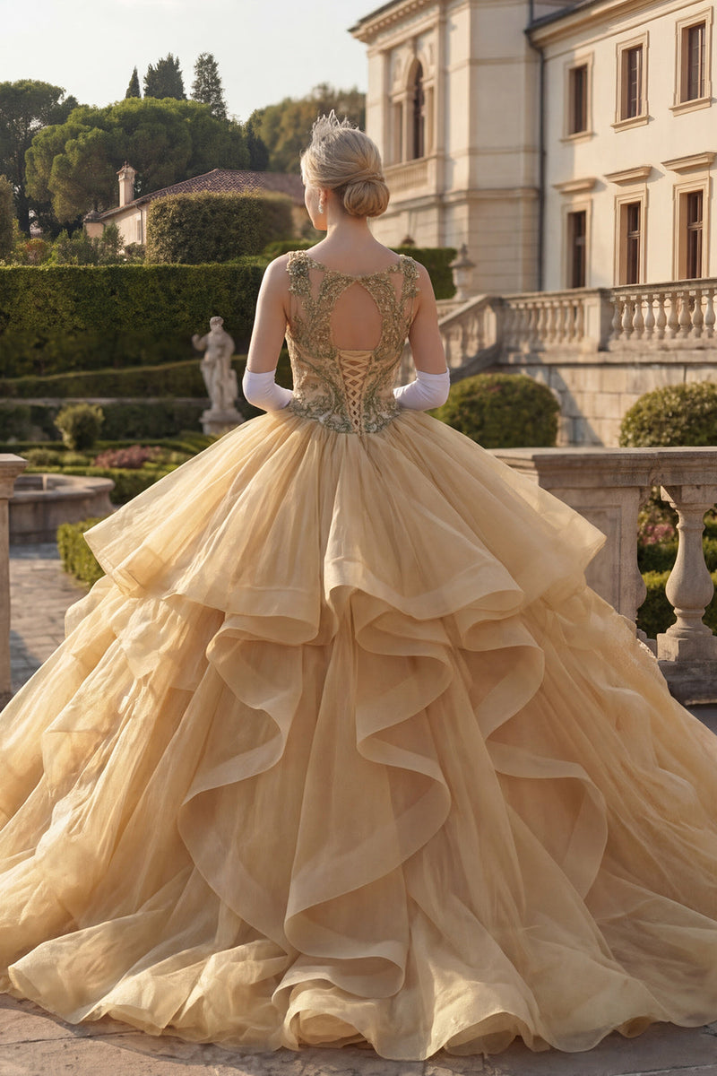 Laden Sie das Bild in den Galerie-Viewer, Ballkleid Senfgelb Rundhals Pailletten Rüschen Abschlusskleid
