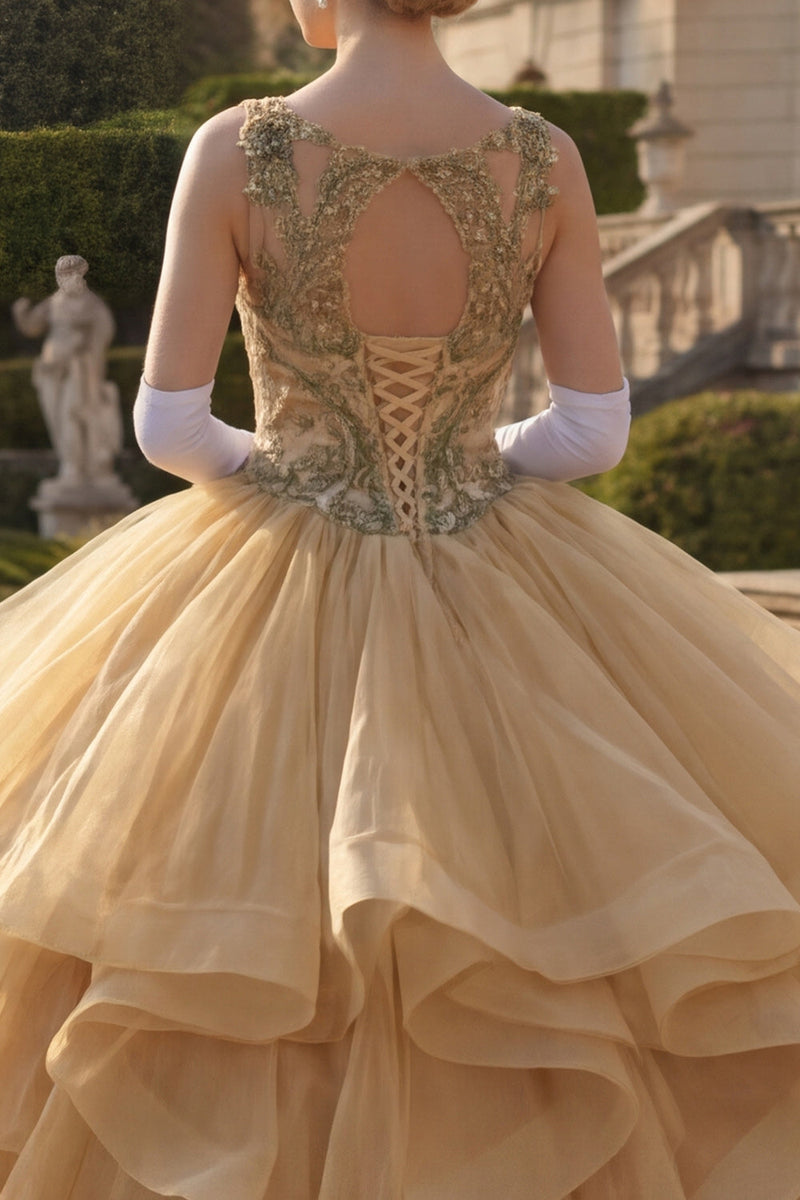 Laden Sie das Bild in den Galerie-Viewer, Ballkleid Senfgelb Rundhals Pailletten Rüschen Abschlusskleid