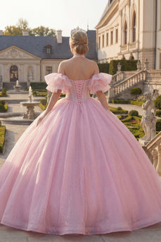 Rosa Halterneck Abschlusskleid mit perlenbesetztem Korsett und Puffärmeln