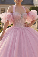 Laden Sie das Bild in den Galerie-Viewer, Rosa Halterneck Abschlusskleid mit perlenbesetztem Korsett und Puffärmeln