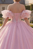 Laden Sie das Bild in den Galerie-Viewer, Rosa Halterneck Abschlusskleid mit perlenbesetztem Korsett und Puffärmeln