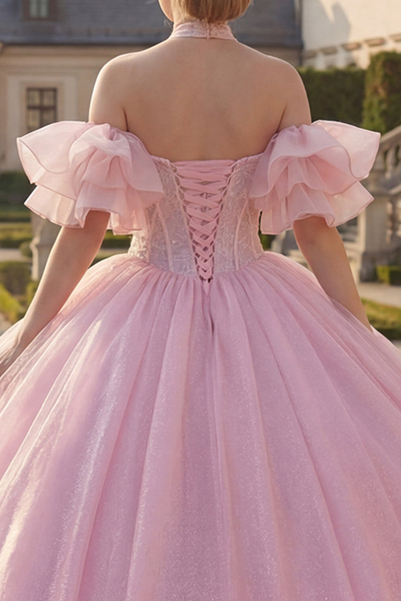 Laden Sie das Bild in den Galerie-Viewer, Rosa Halterneck Abschlusskleid mit perlenbesetztem Korsett und Puffärmeln
