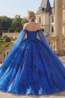 Königsblaues Halterhals Ballkleid Appliquiertes Abschlusskleid mit Cape-Ärmeln