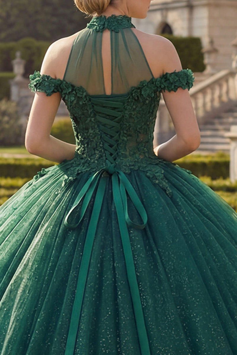 Laden Sie das Bild in den Galerie-Viewer, Dunkelgrünes Neckholder Applikationen Glitzer Abschlusskleid