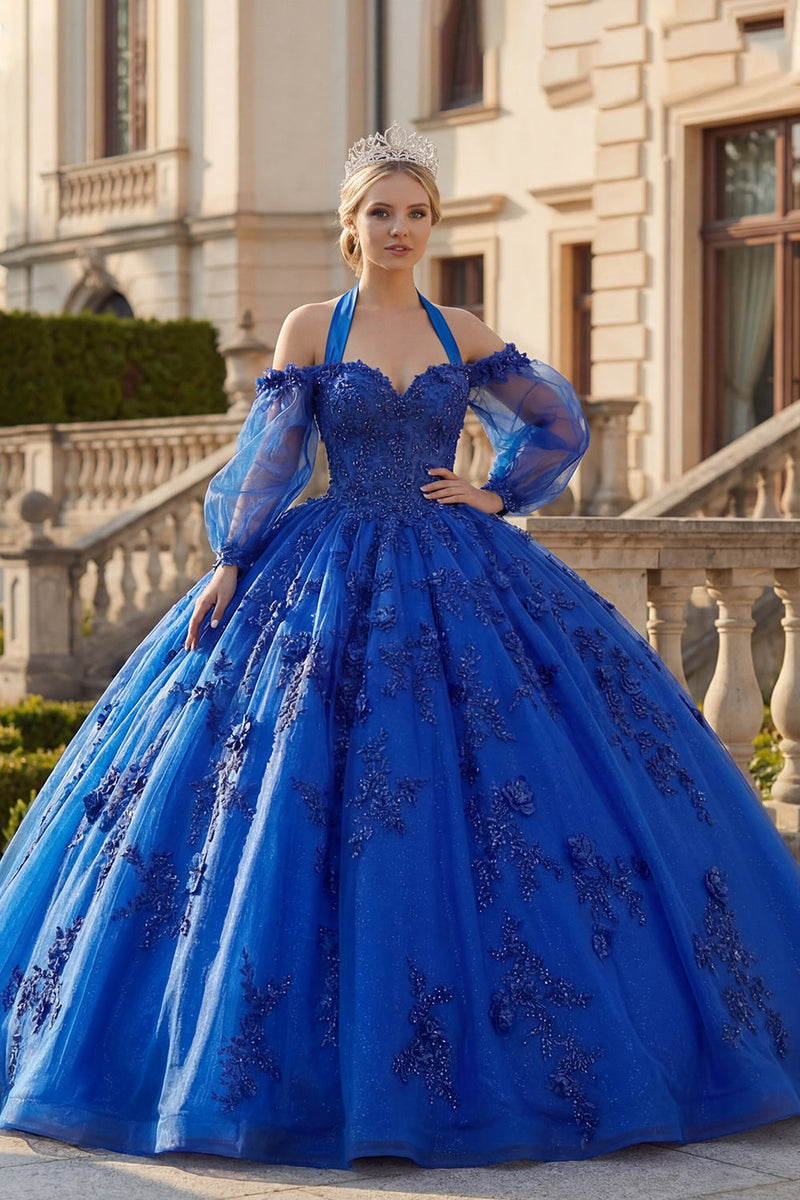 Laden Sie das Bild in den Galerie-Viewer, Neckholderhals Königsblau Appliquiertes Glitzer Abschlusskleid