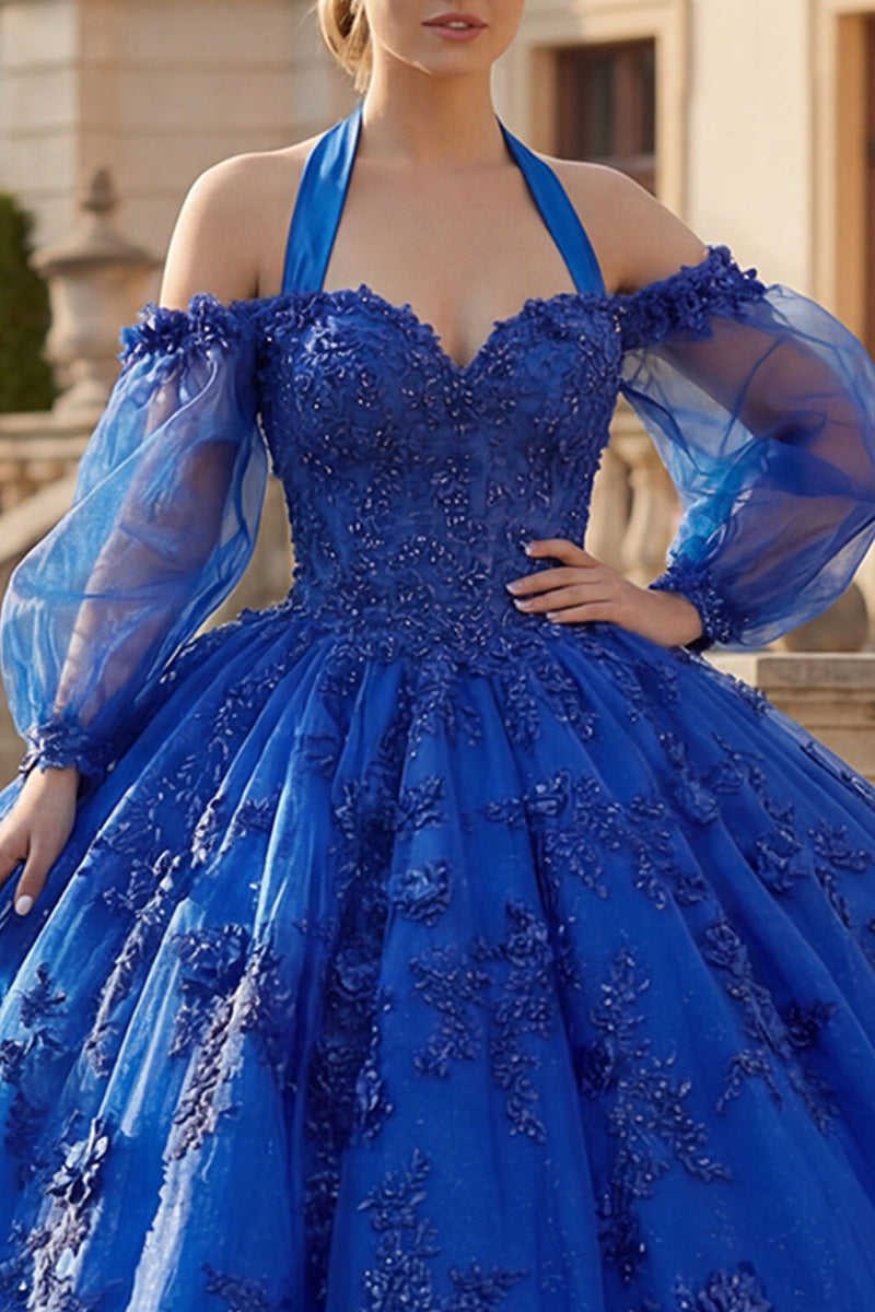 Laden Sie das Bild in den Galerie-Viewer, Neckholderhals Königsblau Appliquiertes Glitzer Abschlusskleid