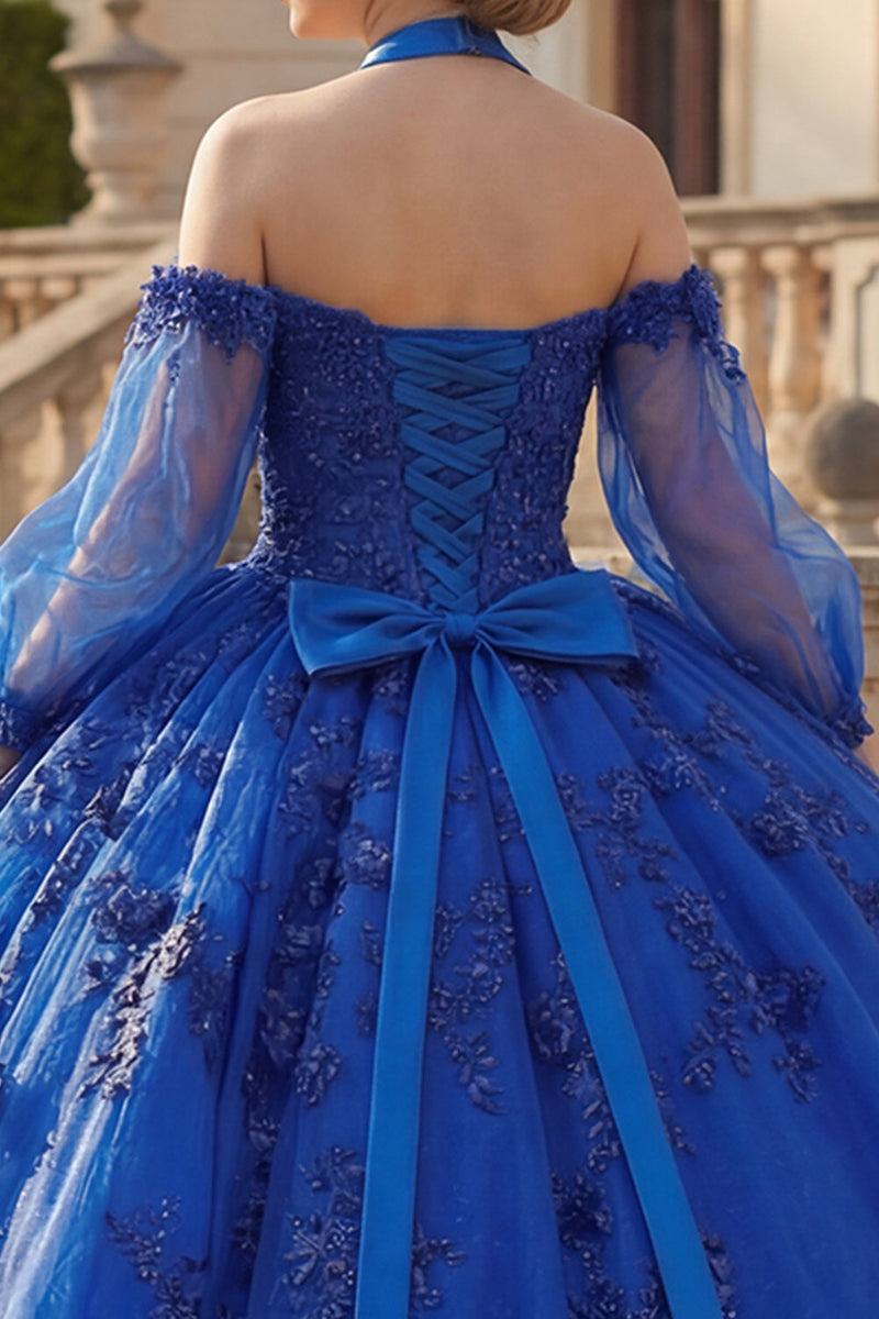 Laden Sie das Bild in den Galerie-Viewer, Neckholderhals Königsblau Appliquiertes Glitzer Abschlusskleid