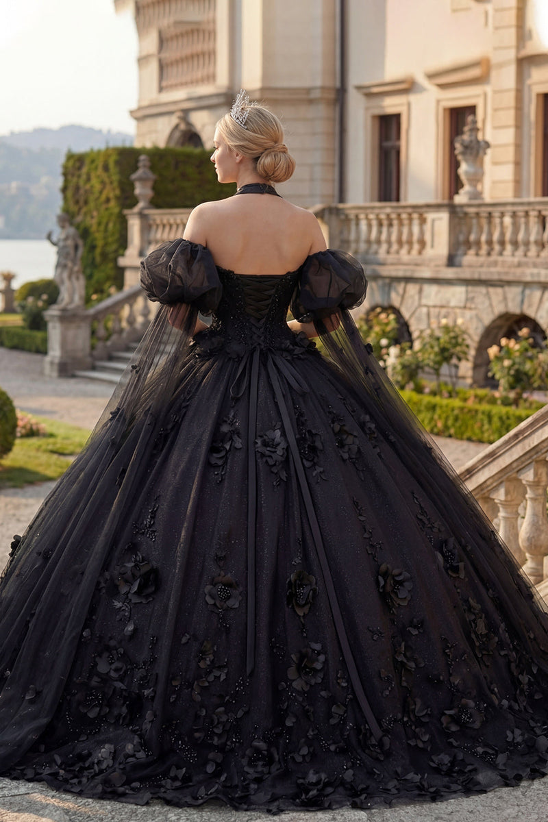 Laden Sie das Bild in den Galerie-Viewer, Ballkleid Neckholderhals Applikation Schwarzes Perlenbesetztes Abschlusskleid mit Puffärmeln