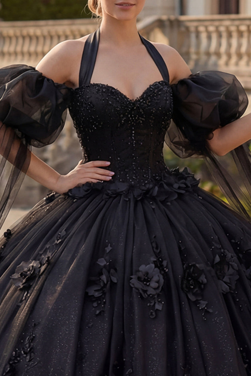 Laden Sie das Bild in den Galerie-Viewer, Ballkleid Neckholderhals Applikation Schwarzes Perlenbesetztes Abschlusskleid mit Puffärmeln