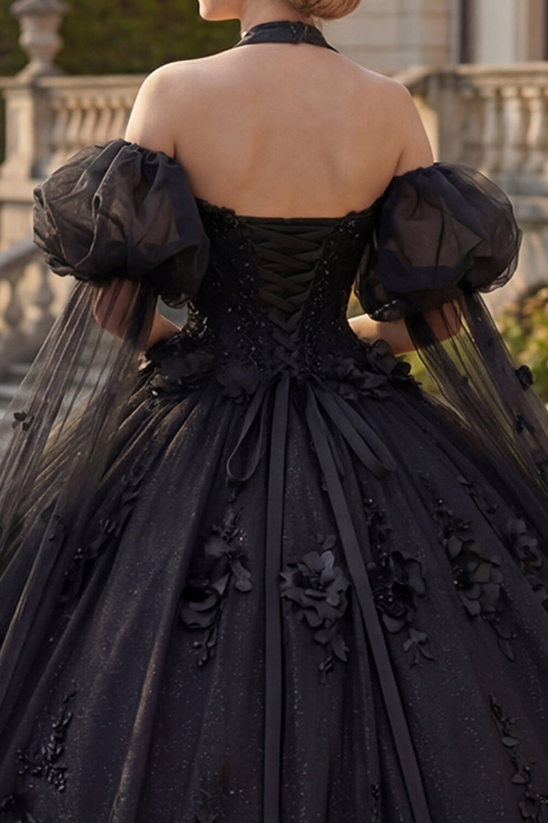 Laden Sie das Bild in den Galerie-Viewer, Ballkleid Neckholderhals Applikation Schwarzes Perlenbesetztes Abschlusskleid mit Puffärmeln