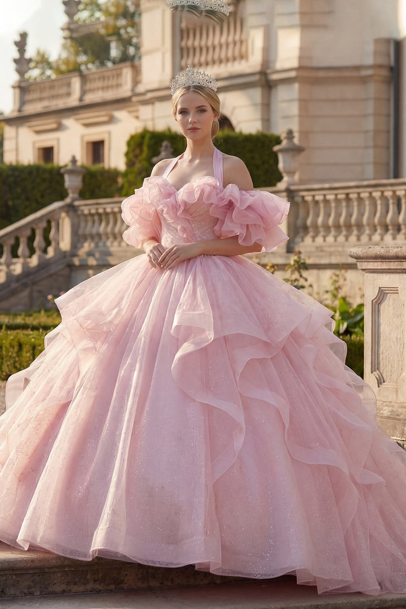 Laden Sie das Bild in den Galerie-Viewer, Ballkleid Neckholderhals Blush Rüschendes Abschlusskleid mit Puffärmeln