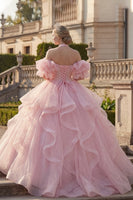Laden Sie das Bild in den Galerie-Viewer, Ballkleid Neckholderhals Blush Rüschendes Abschlusskleid mit Puffärmeln