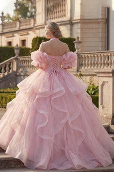 Ballkleid Neckholderhals Blush Rüschendes Abschlusskleid mit Puffärmeln