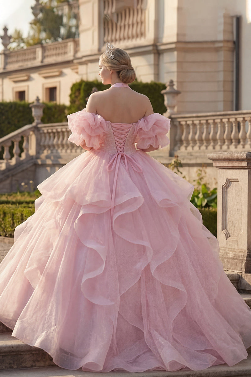 Laden Sie das Bild in den Galerie-Viewer, Ballkleid Neckholderhals Blush Rüschendes Abschlusskleid mit Puffärmeln