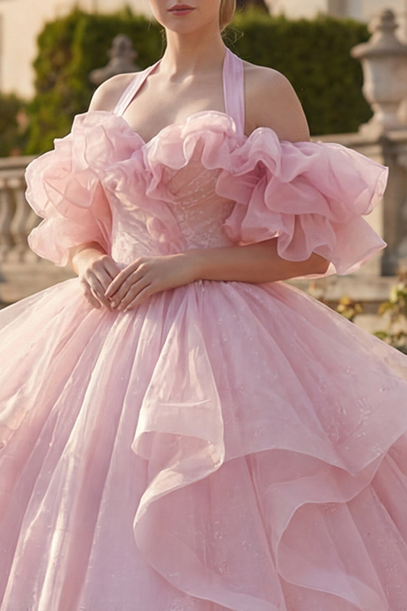Laden Sie das Bild in den Galerie-Viewer, Ballkleid Neckholderhals Blush Rüschendes Abschlusskleid mit Puffärmeln