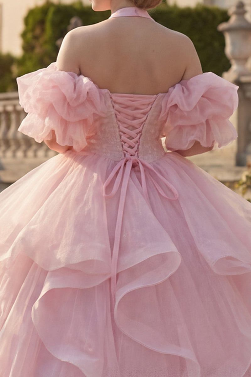 Laden Sie das Bild in den Galerie-Viewer, Ballkleid Neckholderhals Blush Rüschendes Abschlusskleid mit Puffärmeln