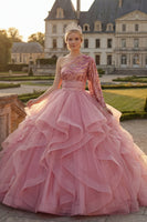 Laden Sie das Bild in den Galerie-Viewer, Einschulteriges Rosa Rüschen Pailletten Abschlusskleid mit langen Ärmeln