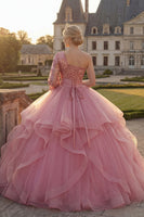 Laden Sie das Bild in den Galerie-Viewer, Einschulteriges Rosa Rüschen Pailletten Abschlusskleid mit langen Ärmeln