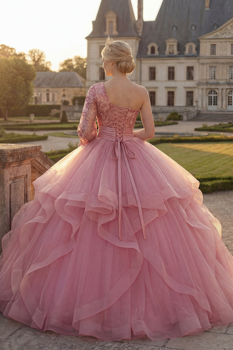 Laden Sie das Bild in den Galerie-Viewer, Einschulteriges Rosa Rüschen Pailletten Abschlusskleid mit langen Ärmeln