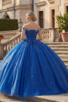 Off-the-shoulder Königsblaues Perlenbesetztes Glitzer Abschlusskleid