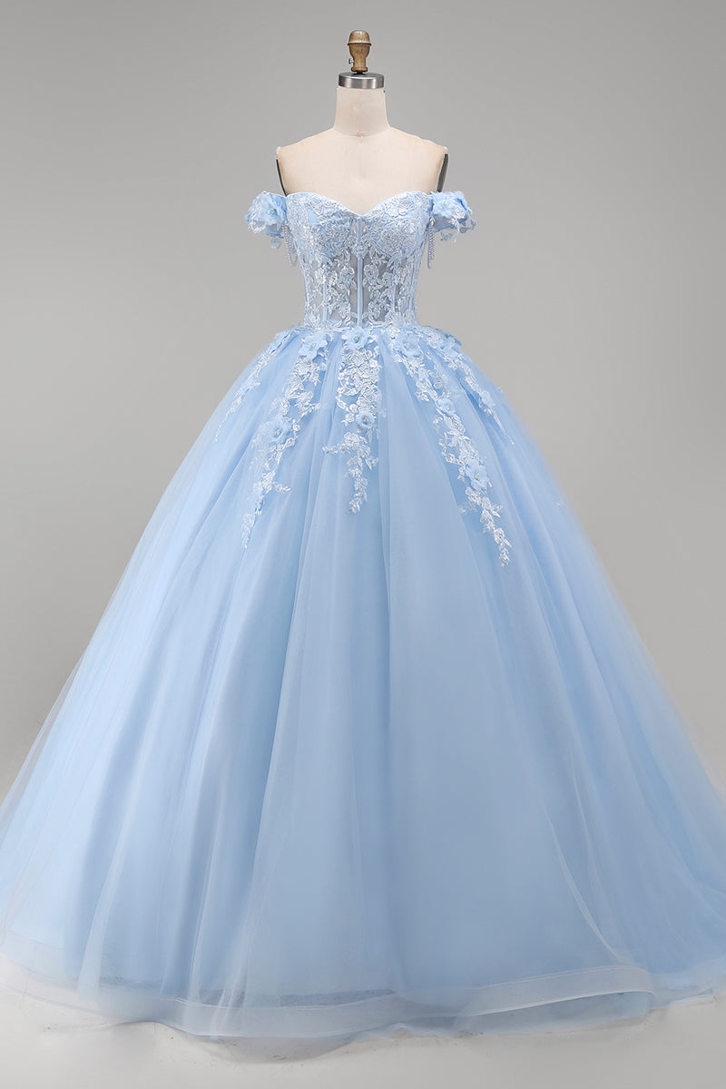 Laden Sie das Bild in den Galerie-Viewer, Hellblaues Schulterfreies Appliquiertes Korsett Abschlusskleid