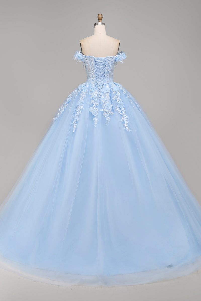 Laden Sie das Bild in den Galerie-Viewer, Hellblaues Schulterfreies Appliquiertes Korsett Abschlusskleid