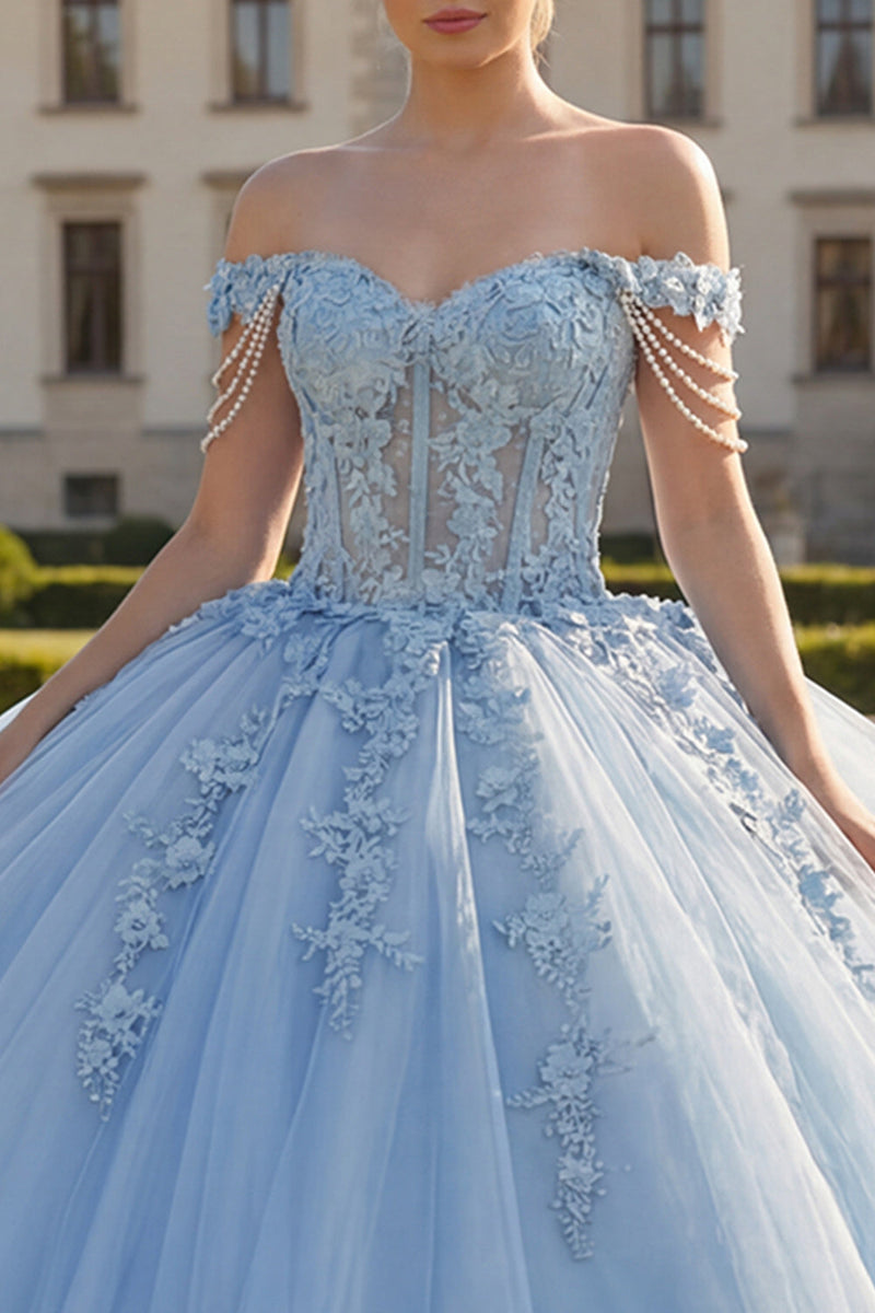 Laden Sie das Bild in den Galerie-Viewer, Hellblaues Schulterfreies Appliquiertes Korsett Abschlusskleid