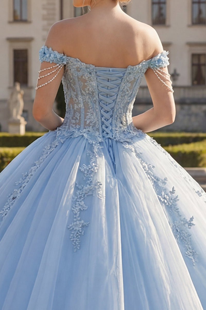 Laden Sie das Bild in den Galerie-Viewer, Hellblaues Schulterfreies Appliquiertes Korsett Abschlusskleid