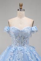 Laden Sie das Bild in den Galerie-Viewer, Hellblaues Schulterfreies Appliquiertes Korsett Abschlusskleid