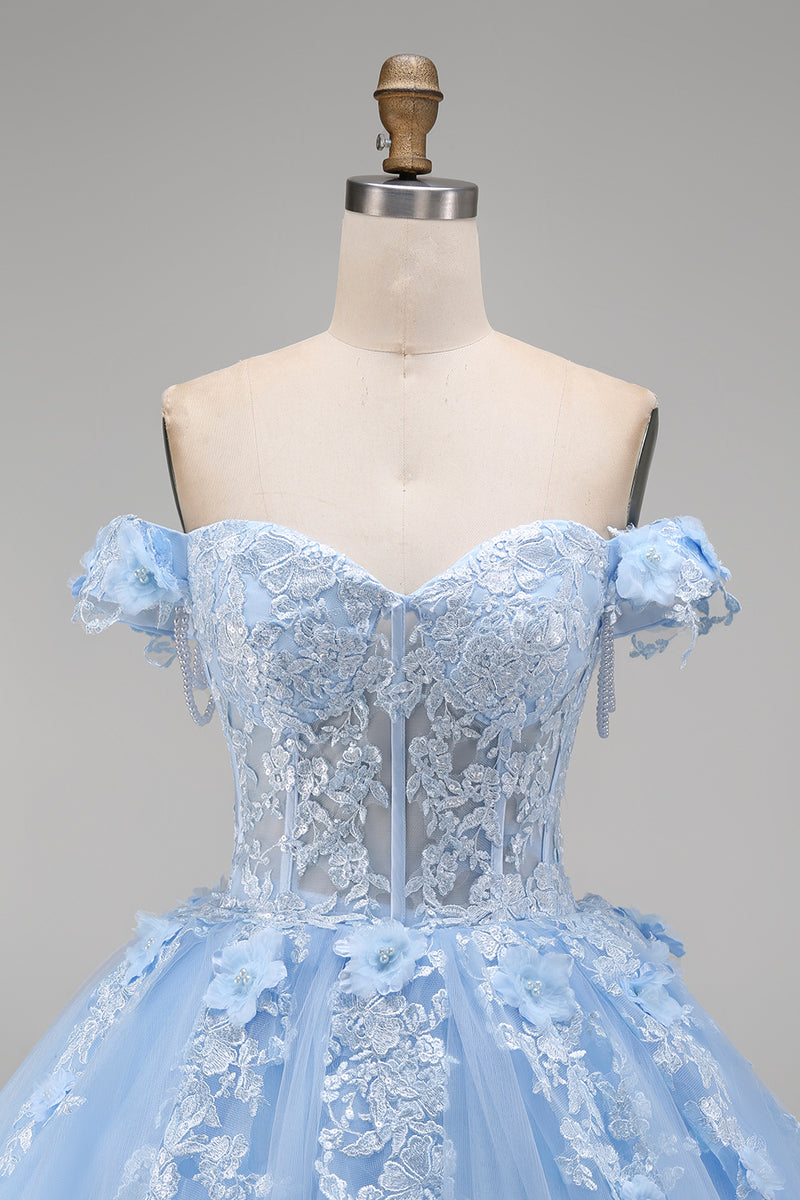 Laden Sie das Bild in den Galerie-Viewer, Hellblaues Schulterfreies Appliquiertes Korsett Abschlusskleid