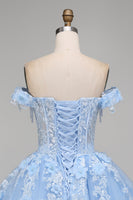 Laden Sie das Bild in den Galerie-Viewer, Hellblaues Schulterfreies Appliquiertes Korsett Abschlusskleid
