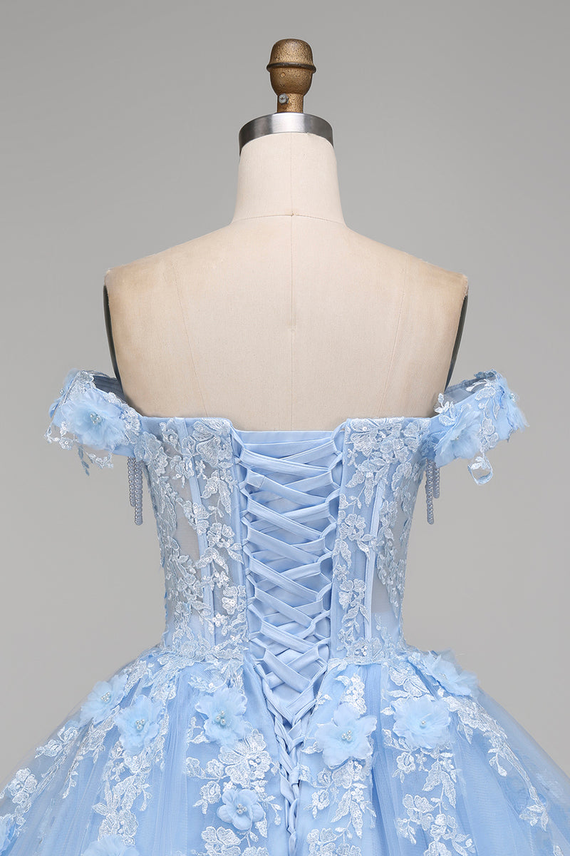 Laden Sie das Bild in den Galerie-Viewer, Hellblaues Schulterfreies Appliquiertes Korsett Abschlusskleid