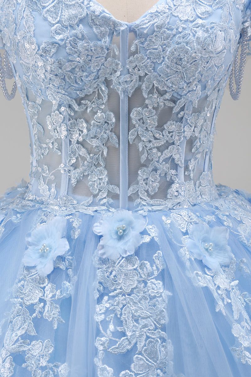 Laden Sie das Bild in den Galerie-Viewer, Hellblaues Schulterfreies Appliquiertes Korsett Abschlusskleid