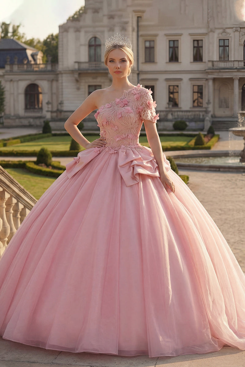 Laden Sie das Bild in den Galerie-Viewer, Ballkleid Rosa Einschulter Appliquiertes Abschlusskleid