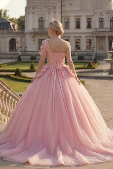 Ballkleid Rosa Einschulter Appliquiertes Abschlusskleid