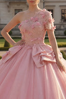 Laden Sie das Bild in den Galerie-Viewer, Ballkleid Rosa Einschulter Appliquiertes Abschlusskleid