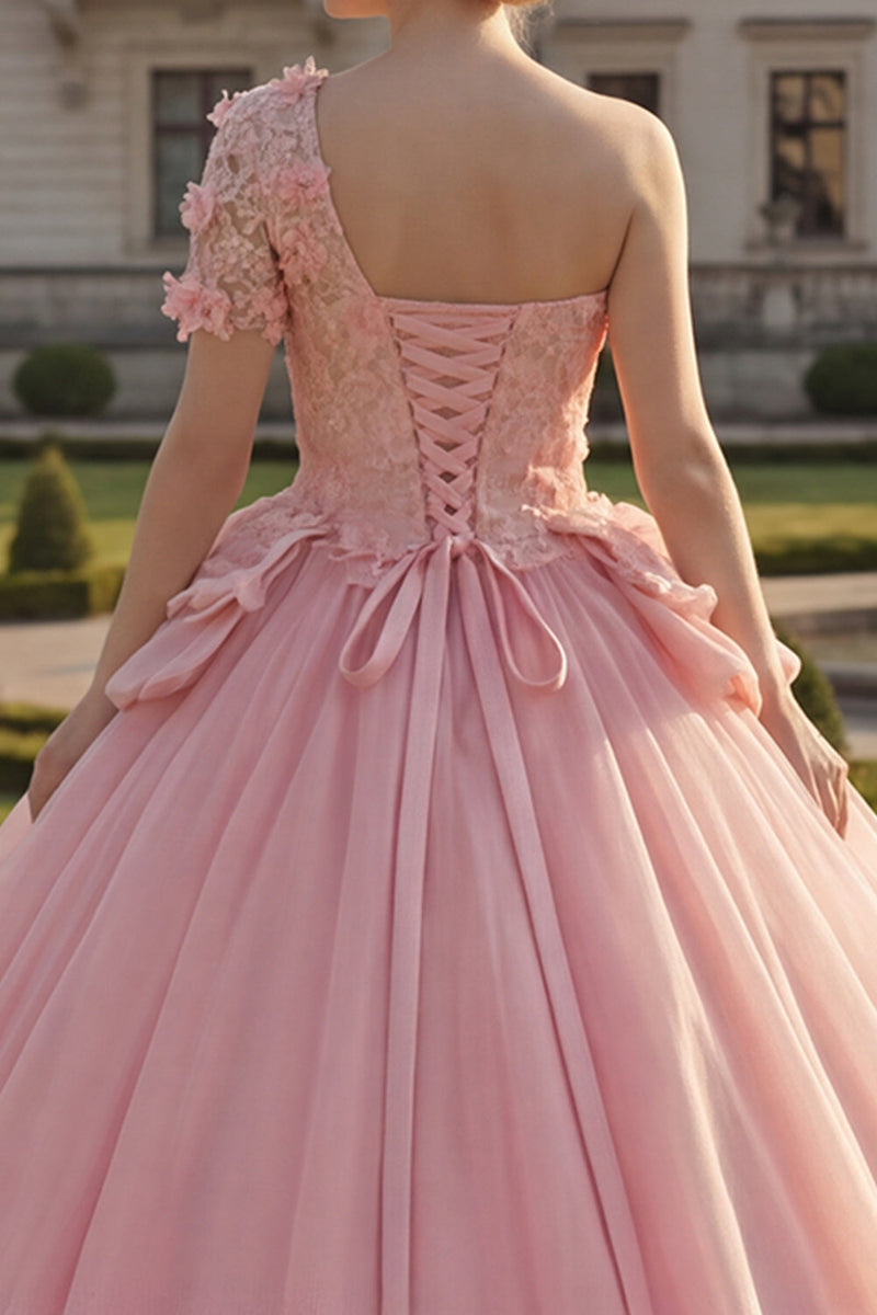Laden Sie das Bild in den Galerie-Viewer, Ballkleid Rosa Einschulter Appliquiertes Abschlusskleid