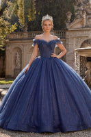 Laden Sie das Bild in den Galerie-Viewer, Off-the-shoulder Ballkleid Marineblaues Glitzer Abschlusskleid
