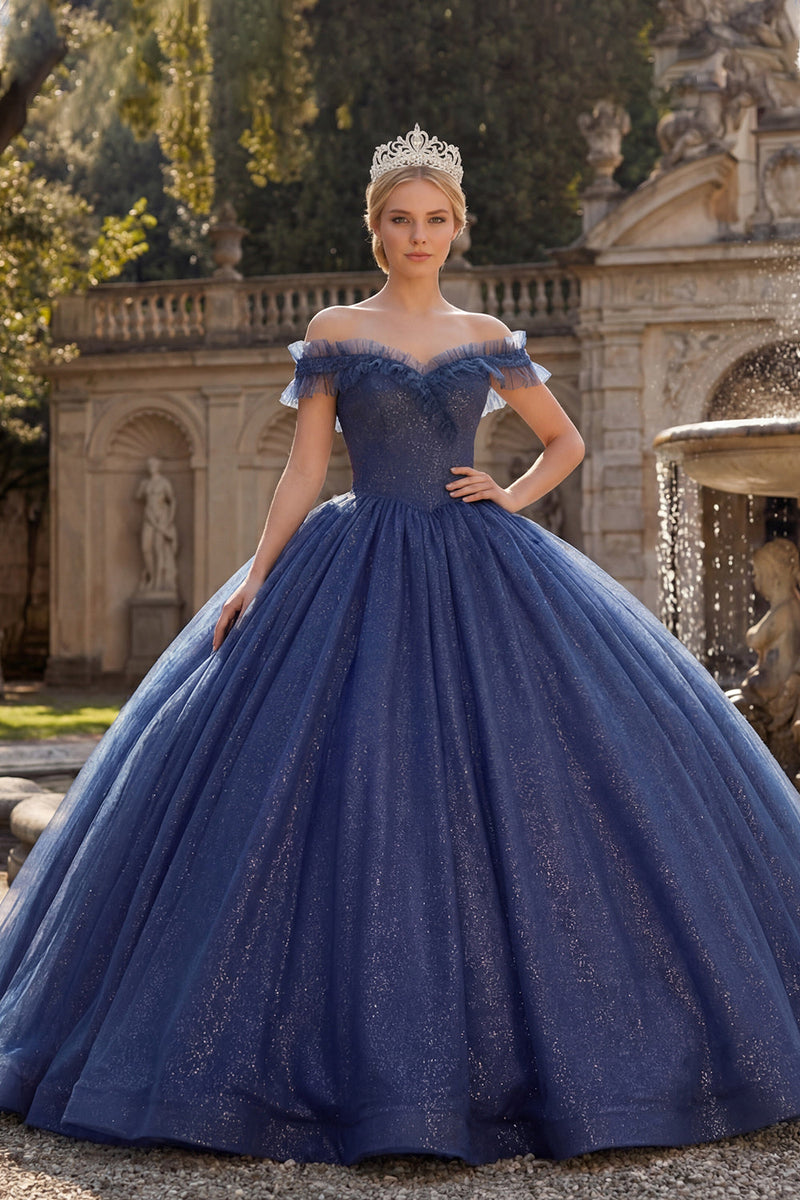 Laden Sie das Bild in den Galerie-Viewer, Off-the-shoulder Ballkleid Marineblaues Glitzer Abschlusskleid