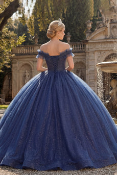 Off-the-shoulder Ballkleid Marineblaues Glitzer Abschlusskleid