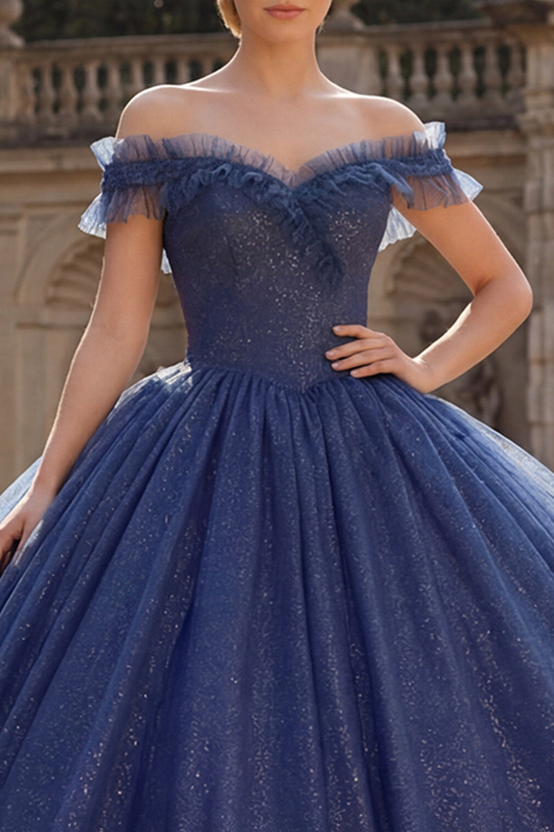 Laden Sie das Bild in den Galerie-Viewer, Off-the-shoulder Ballkleid Marineblaues Glitzer Abschlusskleid